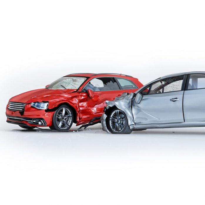 Two cars accident. Crashed cars. One silver sedan against one red coupé. Two cars accident. Crashed cars. One silver sedan against one red coupé. Big damage. Isolated on white background. Viewed from a side. 3d rendering.