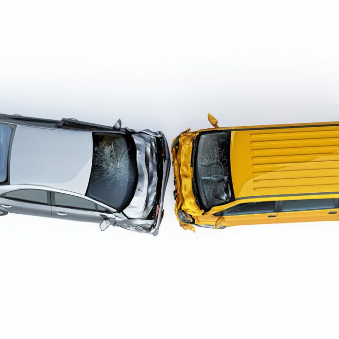 Two cars accident. Crashed cars. A yellow van against a silver sedan. Two cars accident. Crashed cars. A yellow van against a silver sedan. Big damage. Isolated on white background. Viewed from the top.